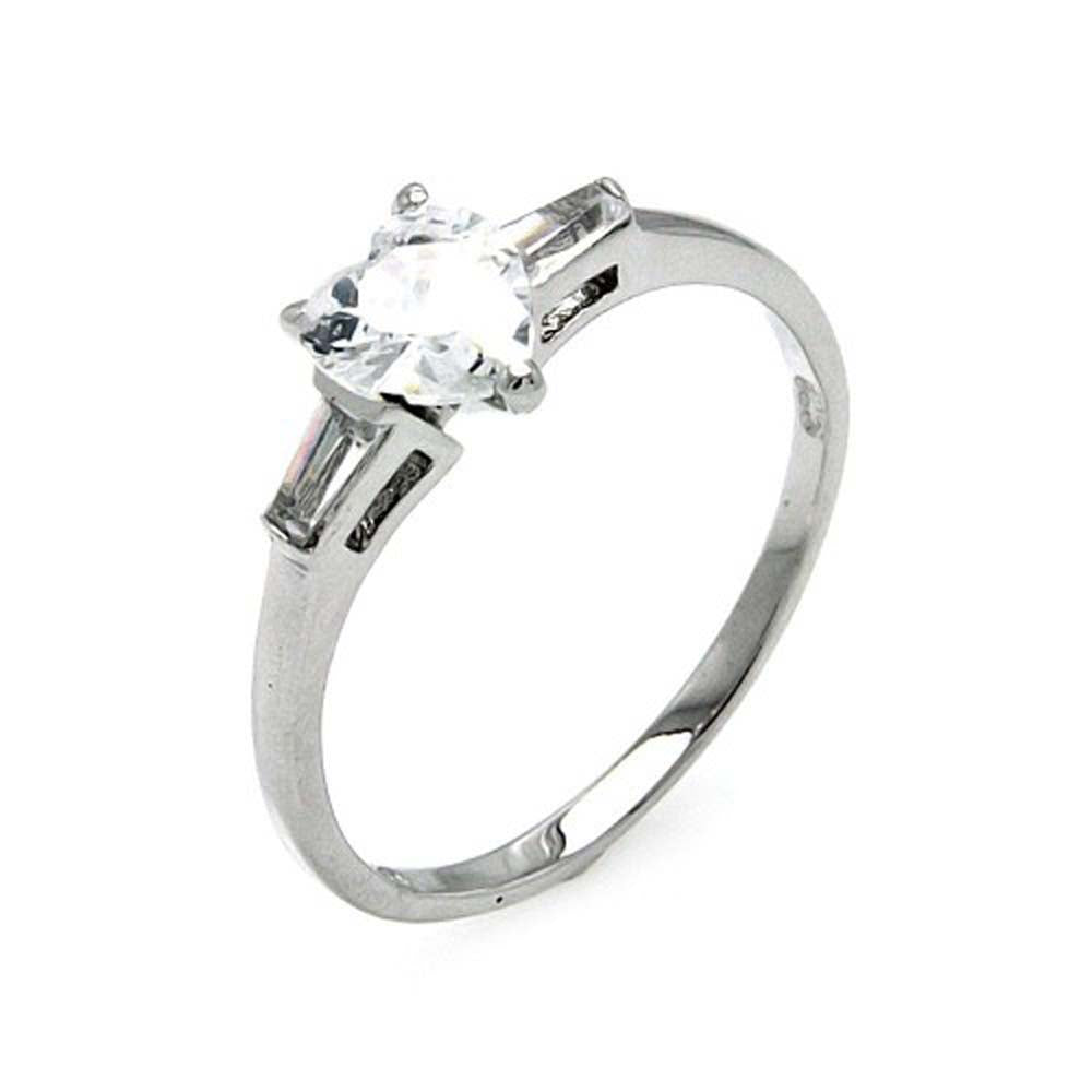 Sterling Silver Trendy Solitaire Heart Cut Clear Cz with Tapered Baguette Clear Czs RingAnd Stone Size: 7MMx6MM