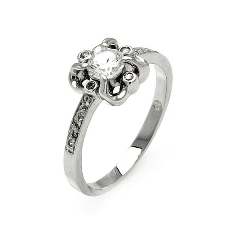 Sterling Silver Fancy Flower Design Inlaid with Clear Czs and Centered Solitaire Round Cut Clear Cz RingAnd Stone Size: 5MM