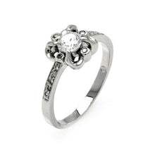 Load image into Gallery viewer, Sterling Silver Fancy Flower Design Inlaid with Clear Czs and Centered Solitaire Round Cut Clear Cz RingAnd Stone Size: 5MM