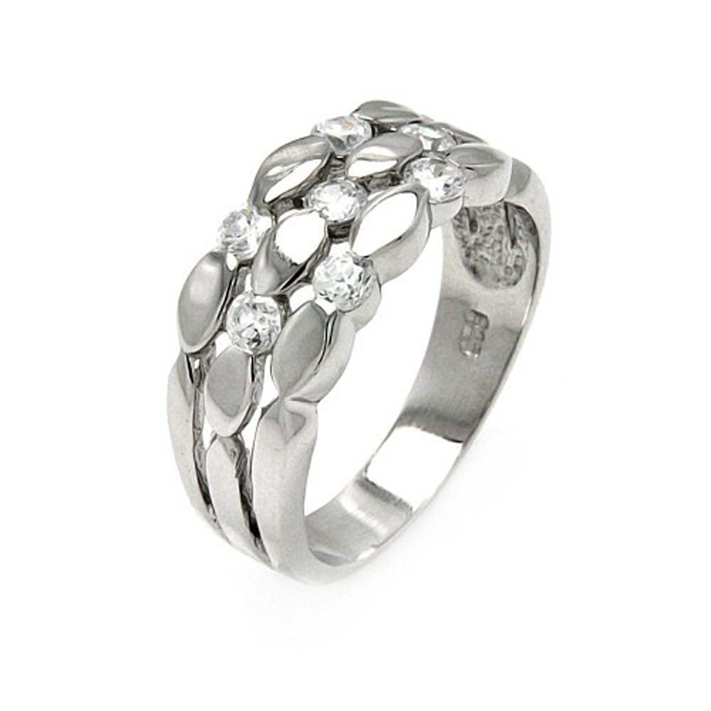 Sterling Silver Fancy Three Row Band Ring Inlaid with Clear CzsAnd Ring Width of 8MM