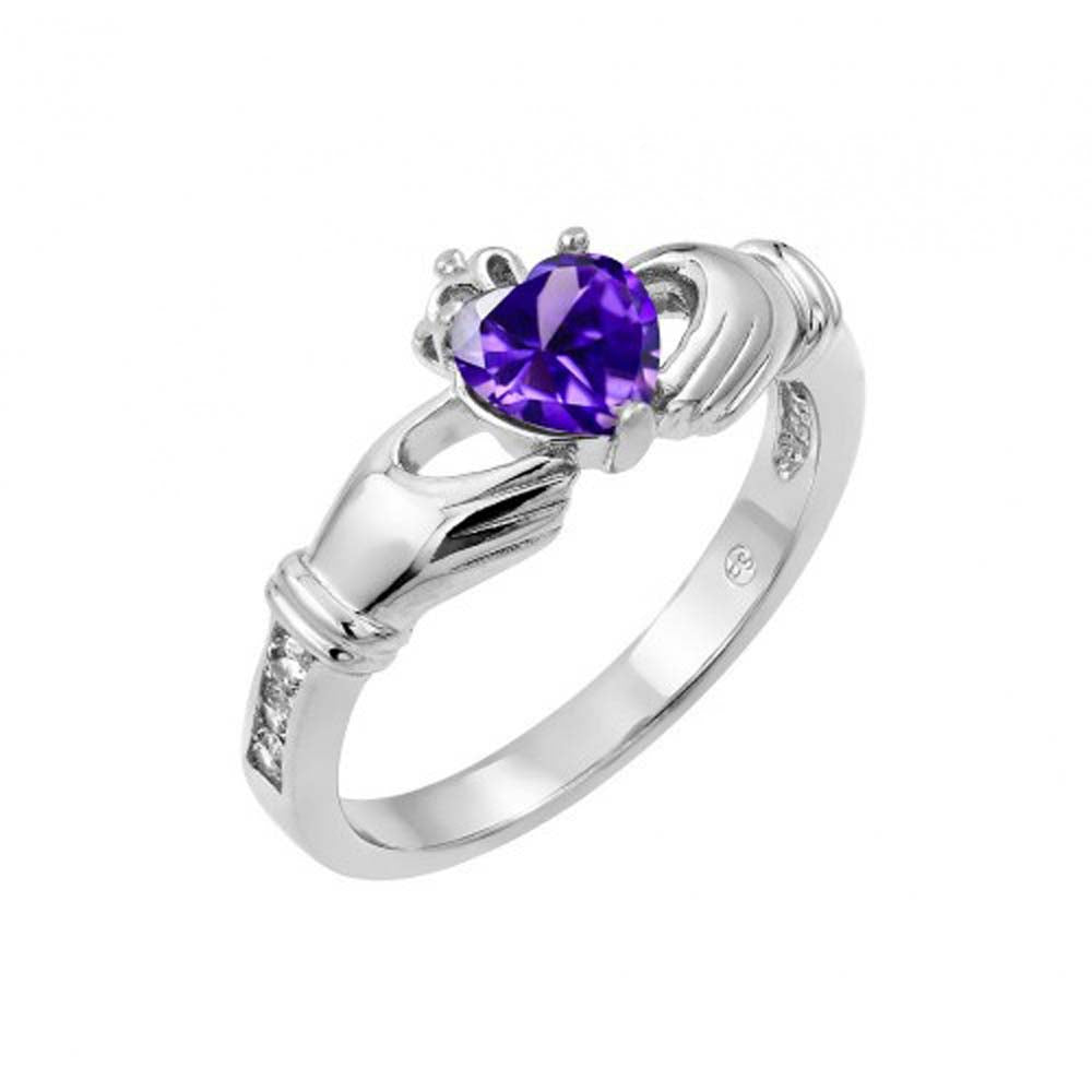 Sterling Silver Rhodium Plated Purple Heart CZ Claddagh Ring