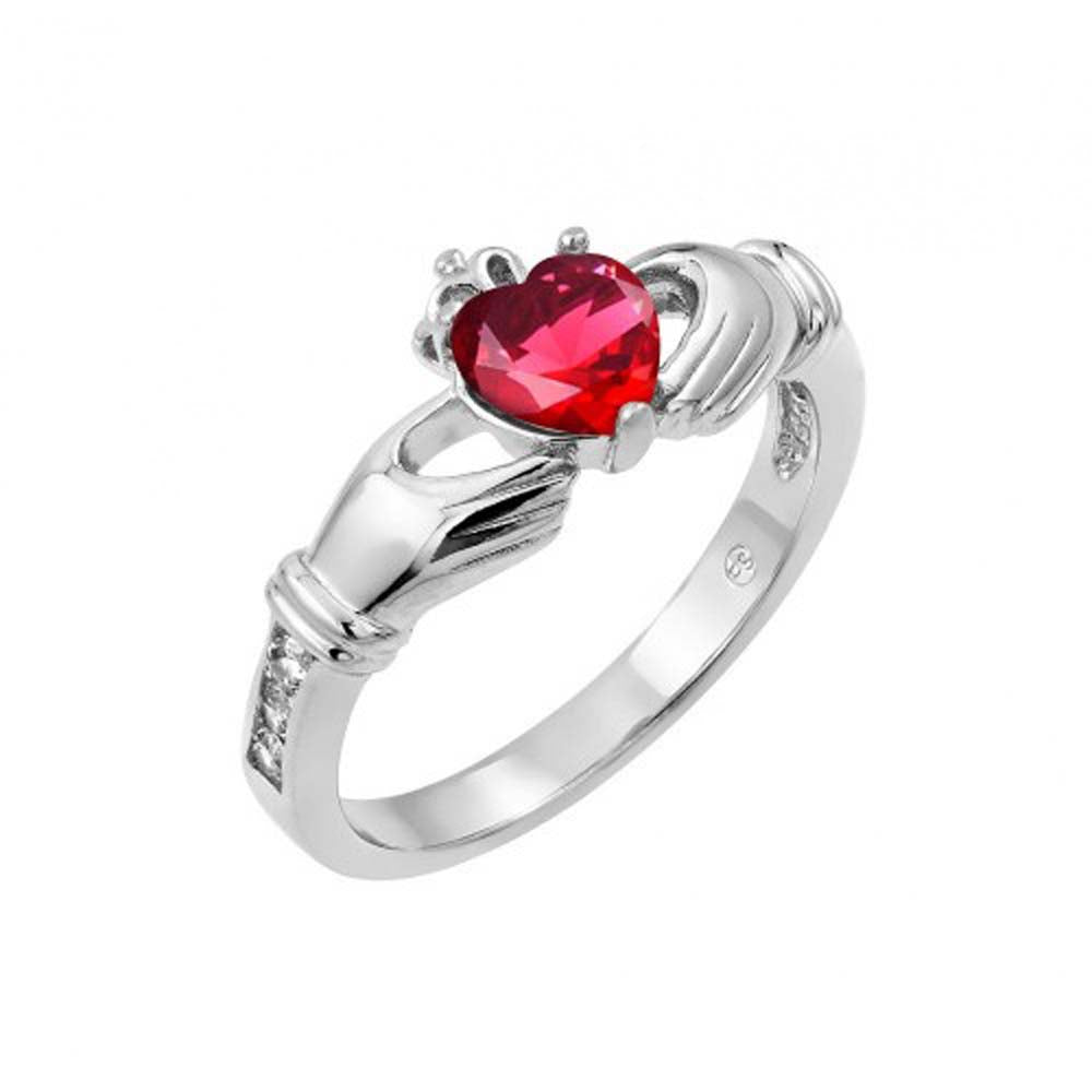 Sterling Silver Rhodium Plated Red Heart CZ Claddagh Ring