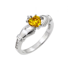 Load image into Gallery viewer, Sterling Silver Rhodium Plated Yellow Heart CZ Claddagh Ring