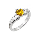 Sterling Silver Rhodium Plated Yellow Heart CZ Claddagh Ring