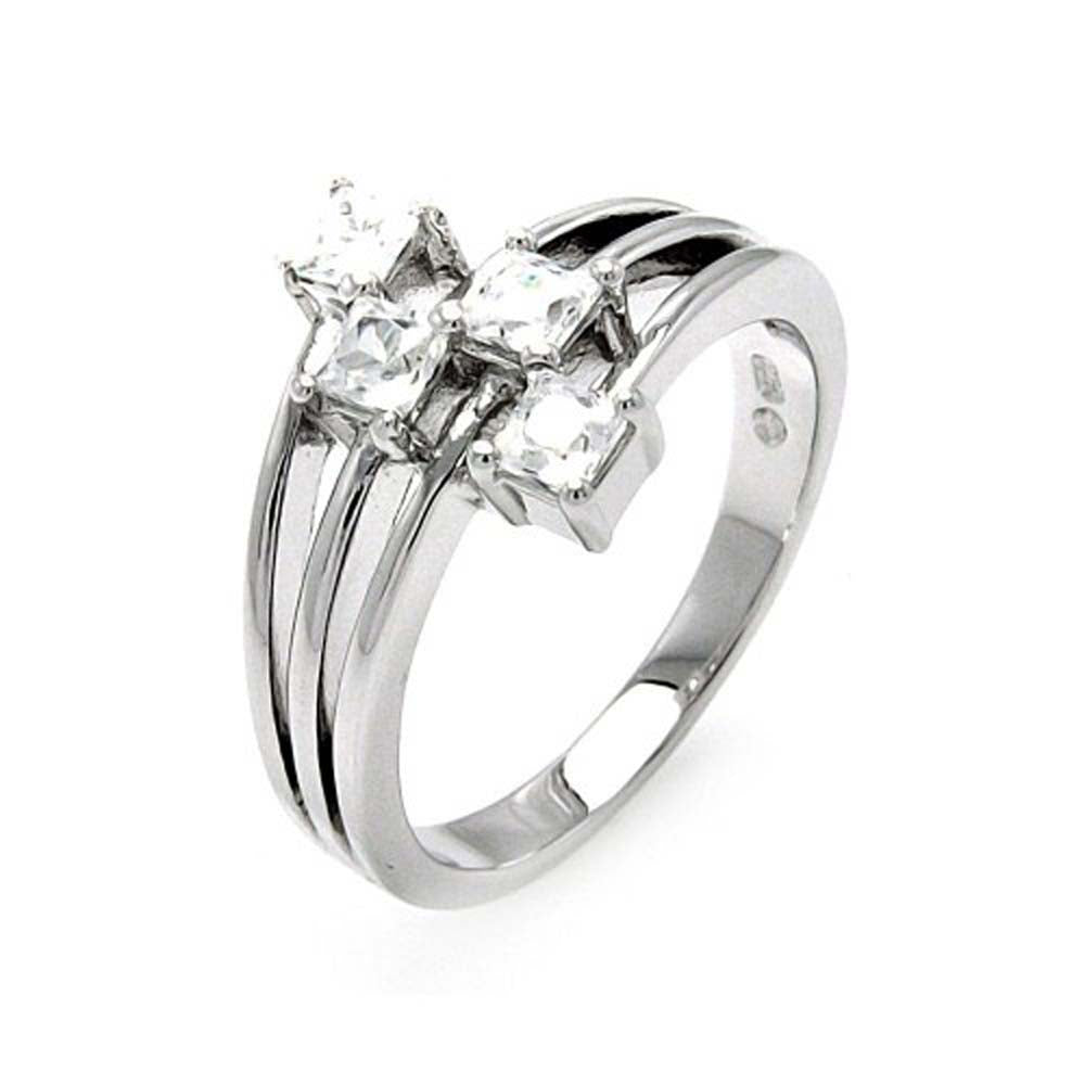 Sterling Silver Classy Three Row Band Ring Set with Four Solitaire Princess Cut Clear CzsAnd Stone Size: 3MM