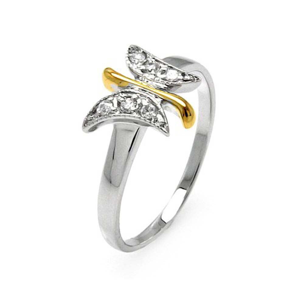 Sterling Silver Two-Toned Trendy Butterfly Design Inlaid with Clear Czs RingAnd Ring Width of 10.5MM