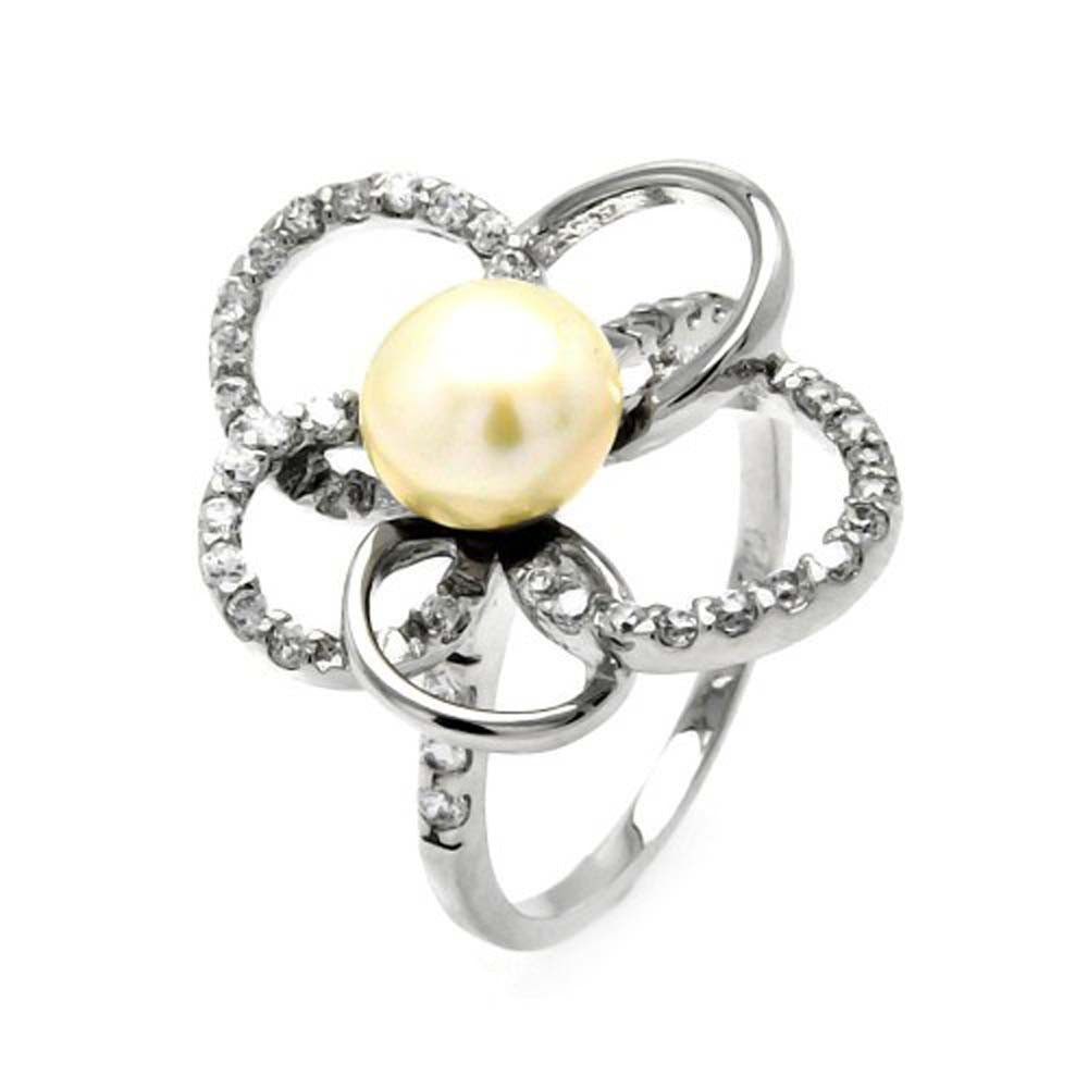 Sterling Silver Fancy Open Flower Design Inlaid with Clear Czs with Centered Pearl RingAnd Ring Dimensions of 22MMx10MM