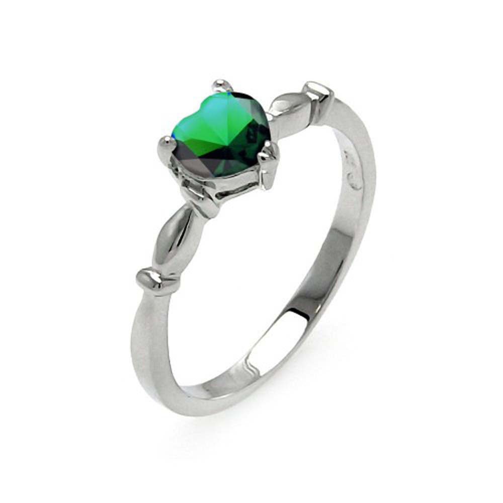Sterling Silver Rhodium Plated Heart Shape Green CZ May Month Ring