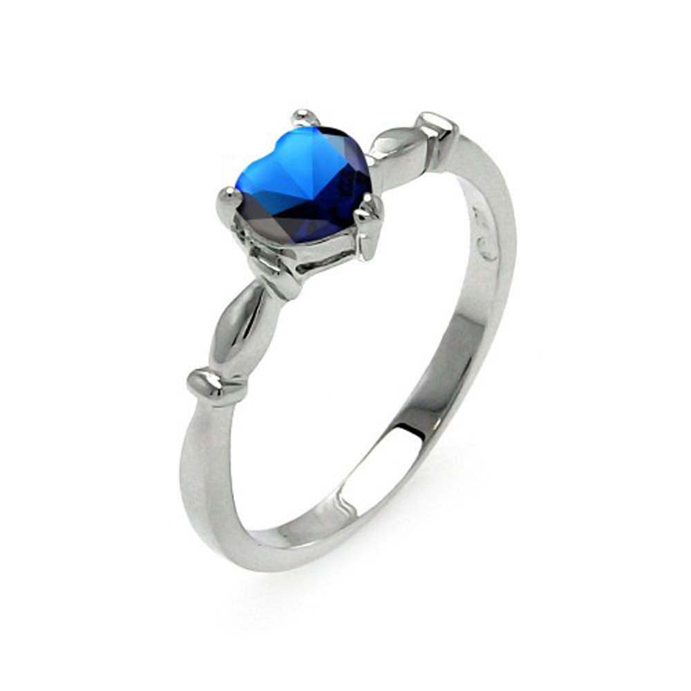 Sterling Silver Rhodium Plated CZ Heart Blue September Ring