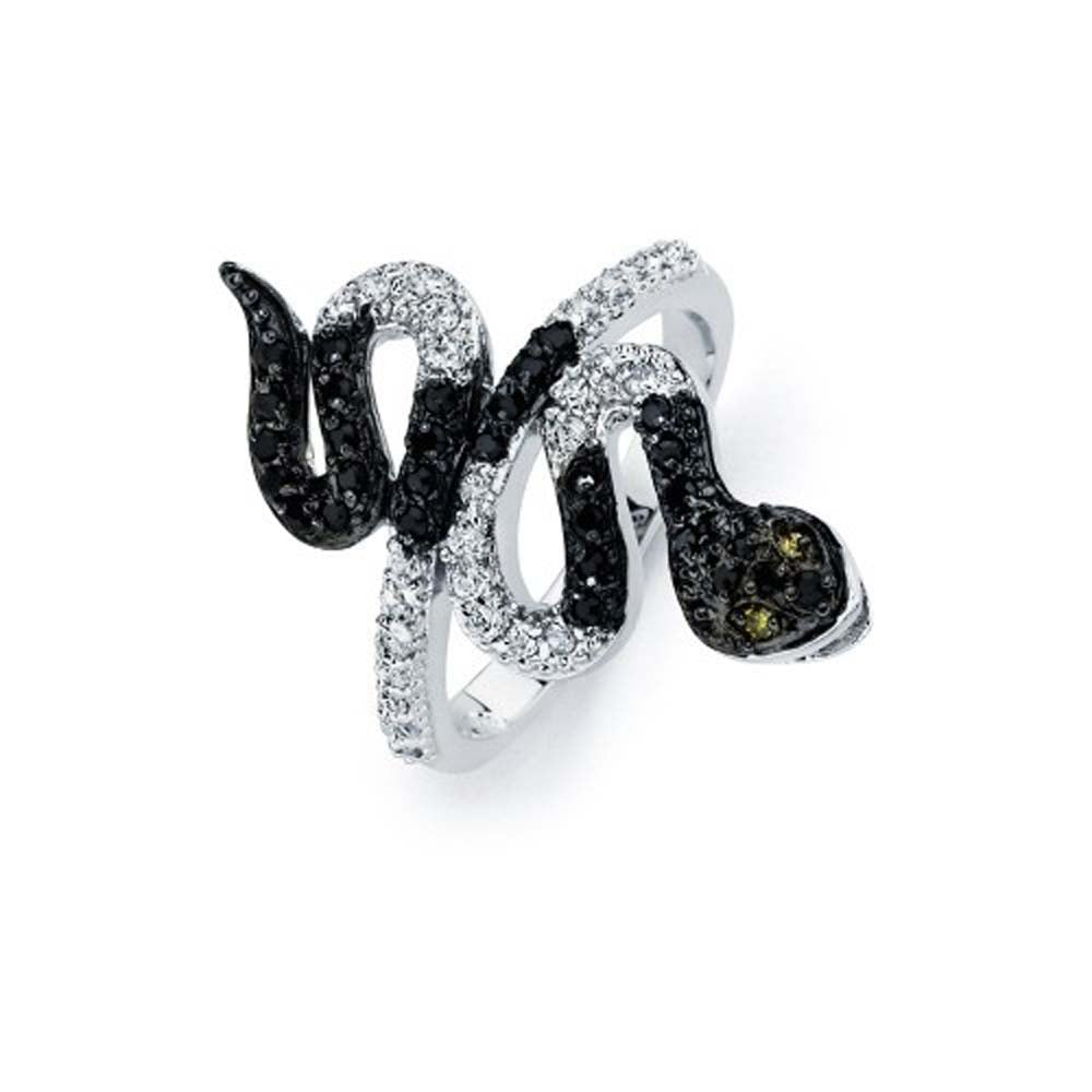 Sterling Silver Rhodium and Black Rhodium Plated 2 Toned Clear and Black CZ Snake Ring