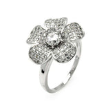 Sterling Silver Rhodium Plated Clear Micro Pave Set CZ Flower Ring