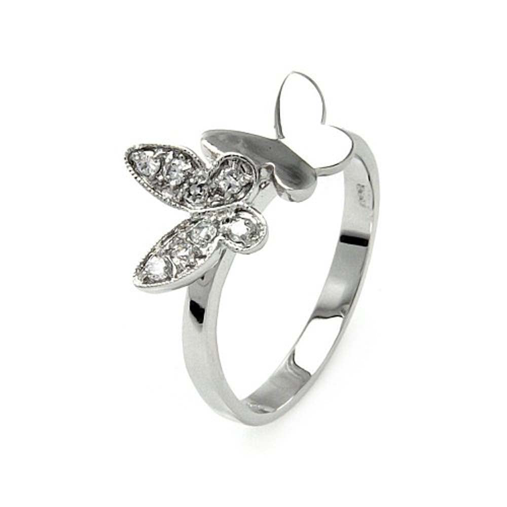 Sterling Silver Rhodium Plated Clear Pave Set CZ Double Butterfly Ring