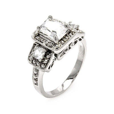 Sterling Silver Rhodium Plated  3 Set Square Clear CZ Bridal Ring