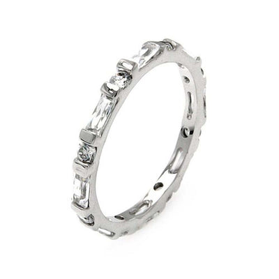 Sterling Silver Rhodium Plated Clear Round And Baguette CZ Stackable Eternity RingAnd Width 2mmAnd Thickness 4mmx2mmAnd Dimensions 2mm