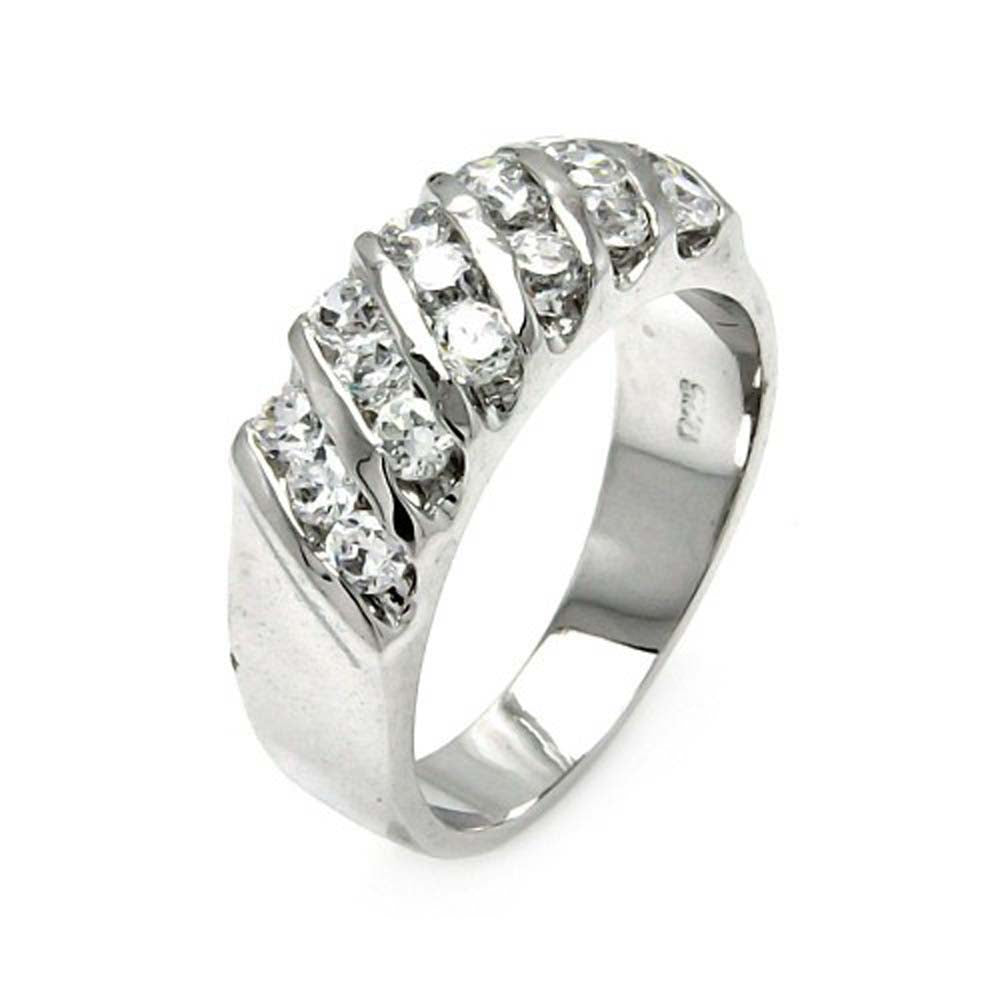 Sterling Silver Stripe Design Set with Round Cut Clear Czs RingAnd Ring Dimensions of 20MMx3MMAnd Ring Width: 7MM