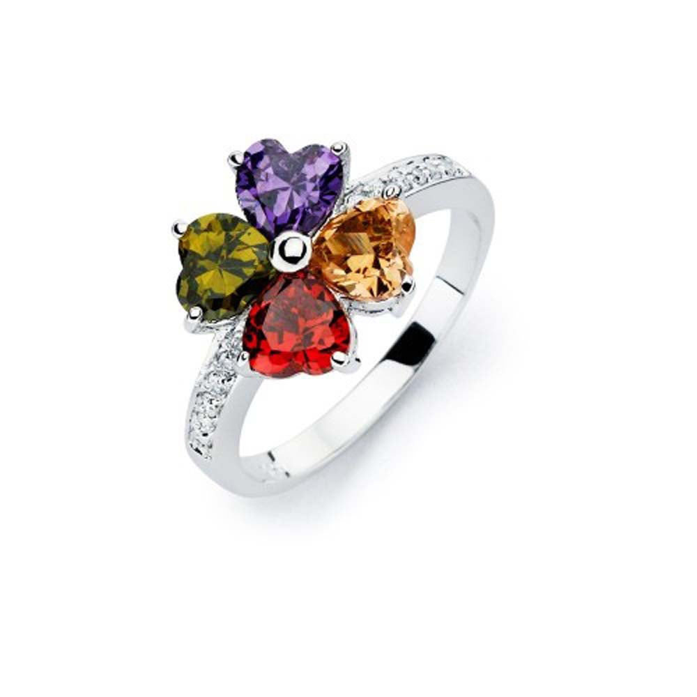 Sterling Silver Fancy Multi-Colored Heart Flower Shaped Design Band Ring Inlaid with Clear Czs