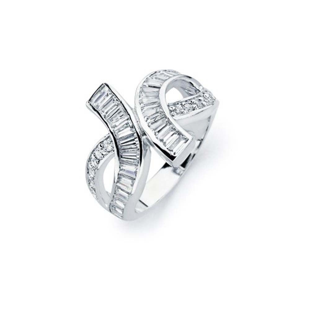 Sterling Silver Fancy Knot Design Inlaid with Bageutte and Round Cut Clear Czs Ring