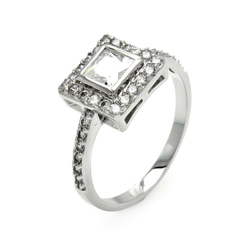 Sterling Silver Classy Bridal Ring with Centered Princess Cut Clear Cz on Bezel with Paved Halo SettingAnd Ring Dimensions of 10MMx5MM