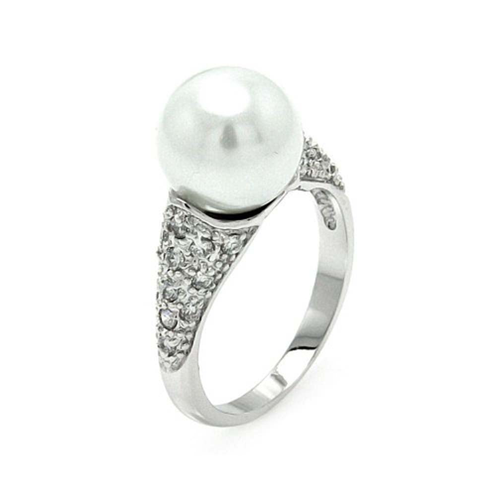 Sterling Silver Paved Band Ring with Centered White Pearl, Ring Dimensions of 19MMx11MMAnd Pearl Size: 10MM