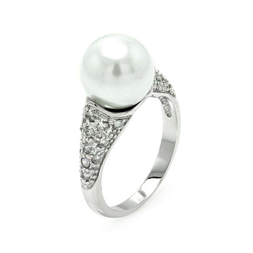 Sterling Silver Classy Paved Band Ring with Centered White PearlAnd Ring Dimensions of 19MMx11MMAnd Pearl Size: 10MM