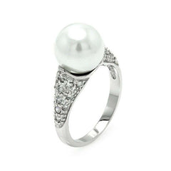 Sterling Silver Paved Band Ring with Centered White Pearl, Ring Dimensions of 19MMx11MMAnd Pearl Size: 10MM