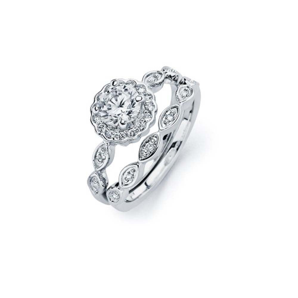 Sterling Silver Rhodium Plated Clear Round Cluster Marquise Shaped CZ Bridal Engagement Ring Set