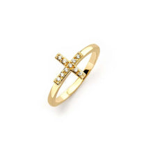 Load image into Gallery viewer, Sterling Silver Gold Plated Small Sideways Cross Design Inlaid with Clear Czs Ring