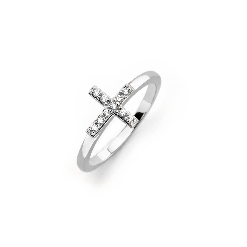 Sterling Silver Rhodium Plated Clear CZ Mini Cross Ring