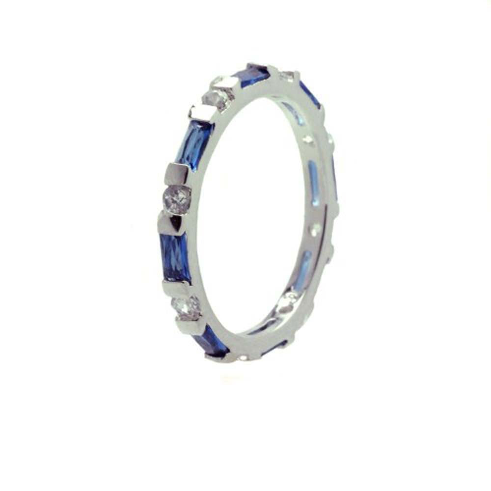 Sterling Silver Rhodium Plated Round Shaped Stackable Eternity Ring With Blue And Clear CZ StonesAnd Width 2mmAnd Thickness 4mmx2mmAnd Dimensions 2mm