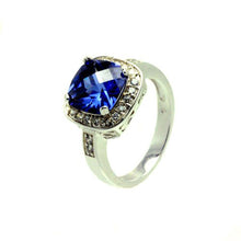 Load image into Gallery viewer, Sterling Silver Classy Solitaire Cushion Cut Blue Sapphire Cz with Paved Halo SettingAnd Ring Dimensions of 12MMx12MM Band Width: 3MM