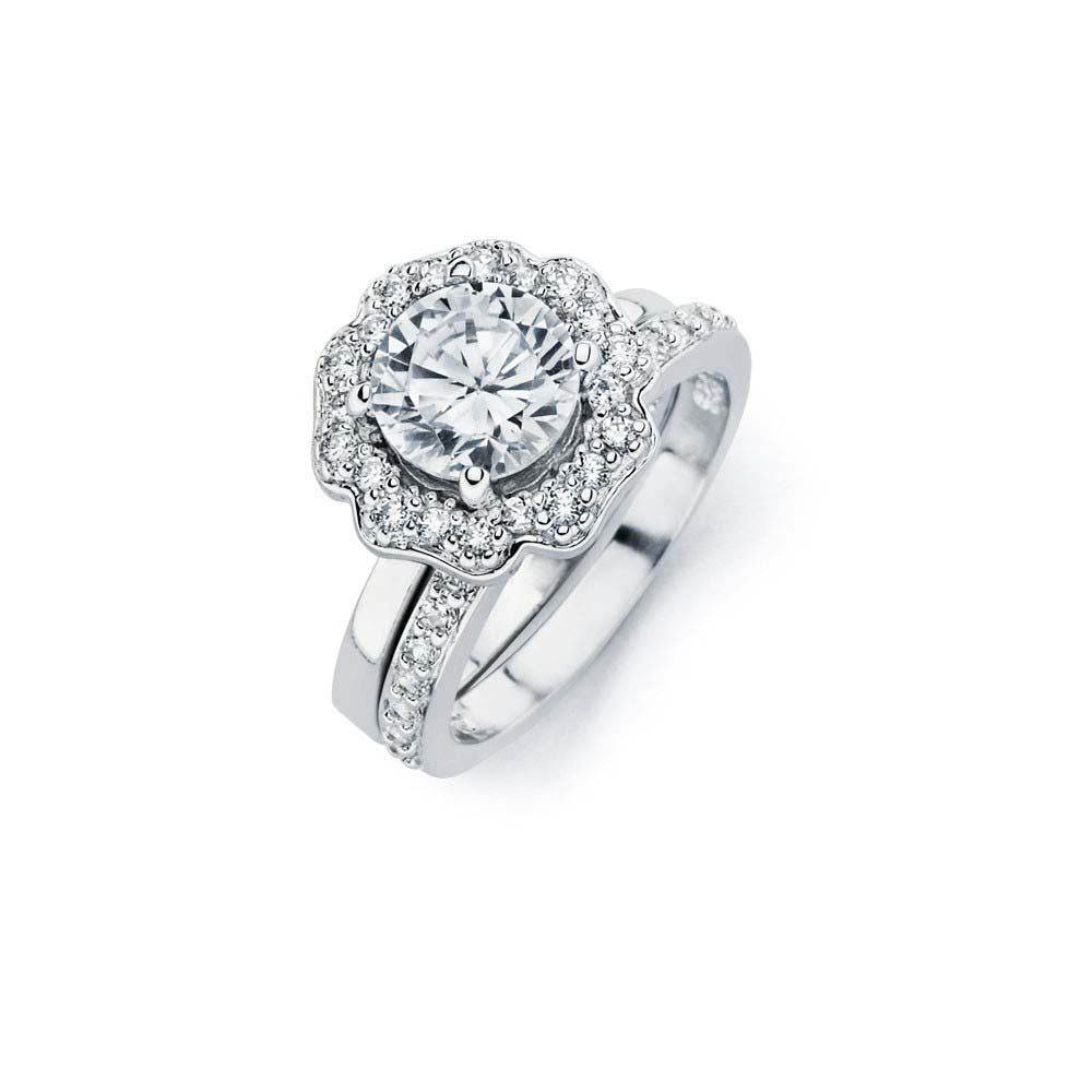 Sterling Silver Rhodium Plated Clear CZ Flower Engagement Ring Set