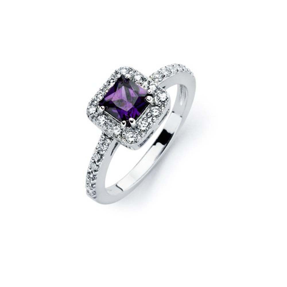 Sterling Silver Classy Solitaire Princess Cut Amethyst Cz with Paved Halo Setting Ring