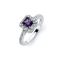 Load image into Gallery viewer, Sterling Silver Classy Solitaire Princess Cut Amethyst Cz with Paved Halo Setting Ring
