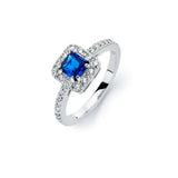 Sterling Silver Classy Solitaire Princess Cut Blue Sapphire Cz with Paved Halo Setting Ring