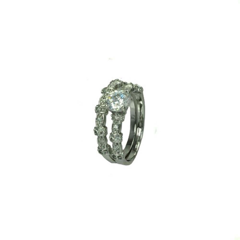 Sterling Silver Rhodium Plated Clear Micro Pave Set and Round Center CZ Delicate Estate Ring Set