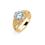 Sterling Silver Gold Plated Elegant Filigree Bridal Ring Inlaid with Clear Czs and Centered Solitaire Round Cut Clear Cz