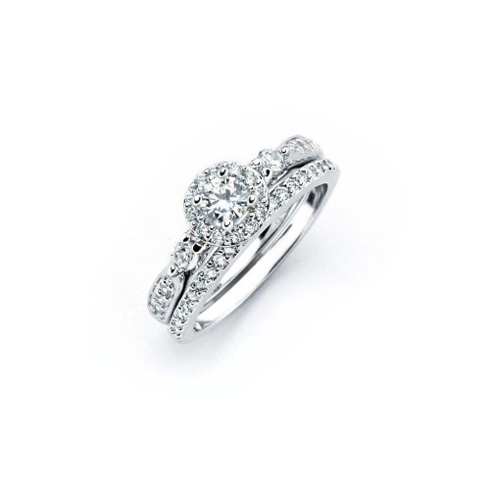 Sterling Silver Rhodium Plated Clear Round CZ Engagement Ring Set
