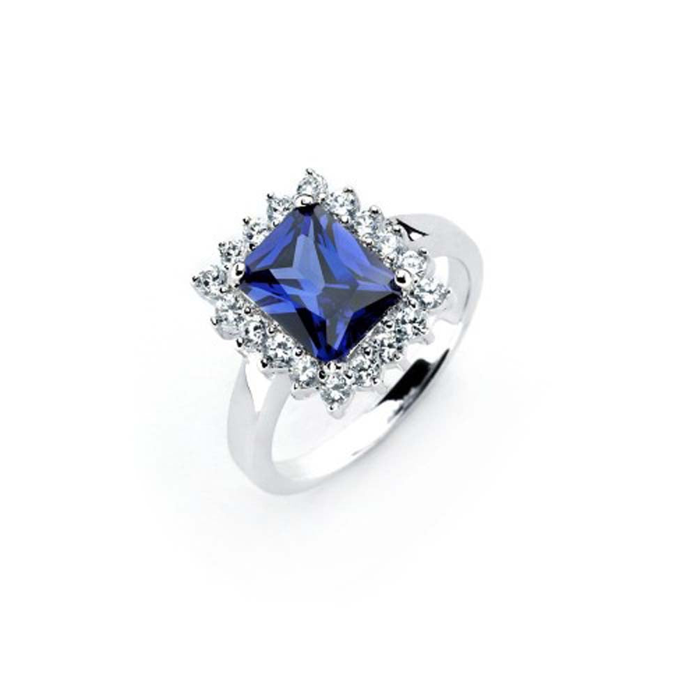 Sterling Silver Elegant Cluster Clear Czs with Centered Radiant Cut Blue Sapphire Cz Ring