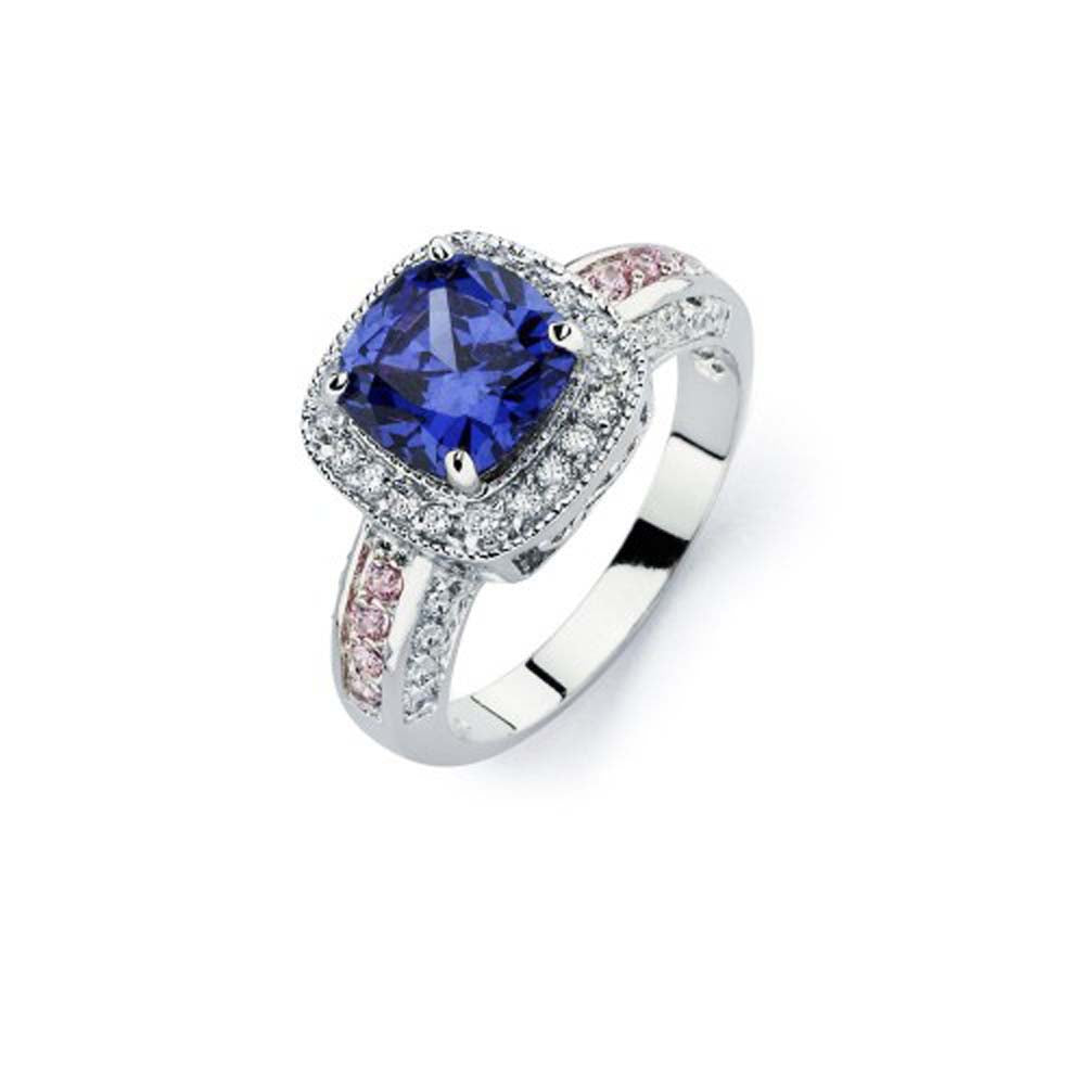 Sterling Silver Elegant Bridal Ring Inlaid with Clear and Pink Czs with Centered Solitaire Cushion Cut Blue Cz