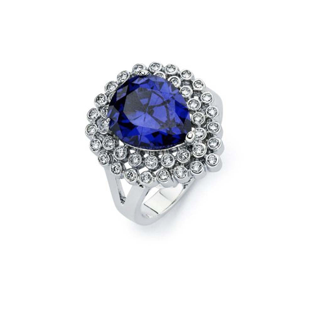 Sterling Silver Classy Solitaire Pearshaped Cut Tanzanite Cz Inlaid with Multi Round Clear Czs on Bezel Setting Ring