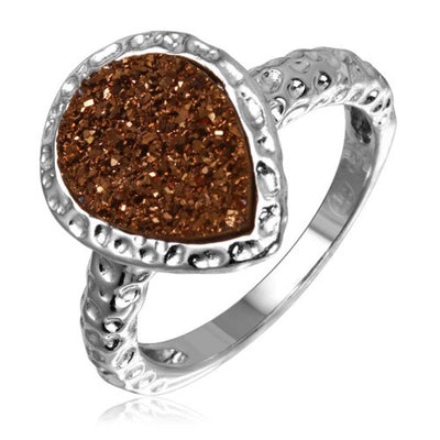 Sterling Silver Rhodium Plated  Pear Brown Druzy Gemstone Ring