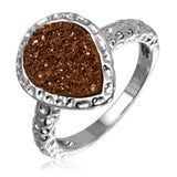 Sterling Silver Rhodium Plated  Pear Brown Druzy Gemstone Ring