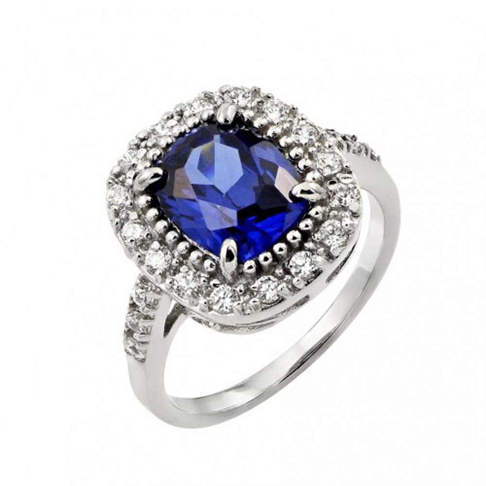 Sterling Silver Elegant Solitare Cushion Cut Tanzanite Cz with Paved Halo Setting RingAnd Ring Dimensions of 15.8MMx14.4MM