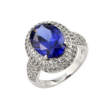 Load image into Gallery viewer, Sterling Silver Elegant Solitaire Oval Cut Tanzanite Cz Inlaid with Micro Paved Clear Czs RingAnd Ring Dimensions of 16MMx19.5MM