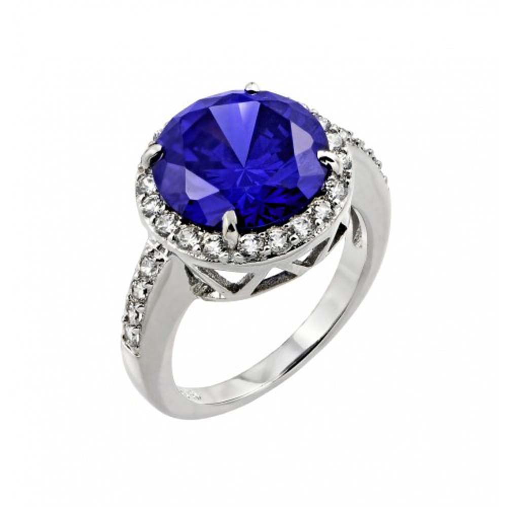 Sterling Silver Elegant Filigree Solitaire Round Cut Tanzanite Cz with Paved Halo Setting and Band Ring Inlaid with Clear CzsAnd Ring Diameter of 14.5MM