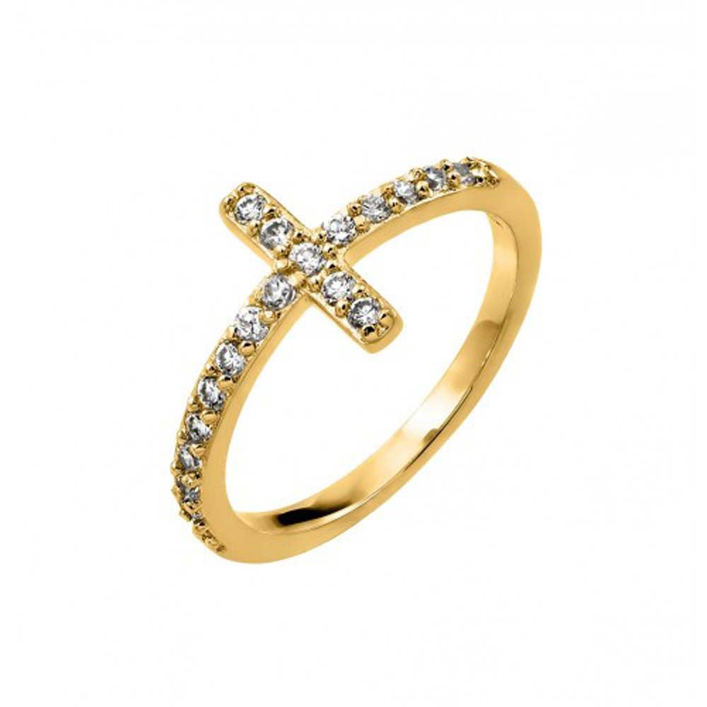 Sterling Silver Gold Plated Sideways Cross Design Inlaid with Clear Czs RingAnd Ring Dimensions of 9.9MMx2MM