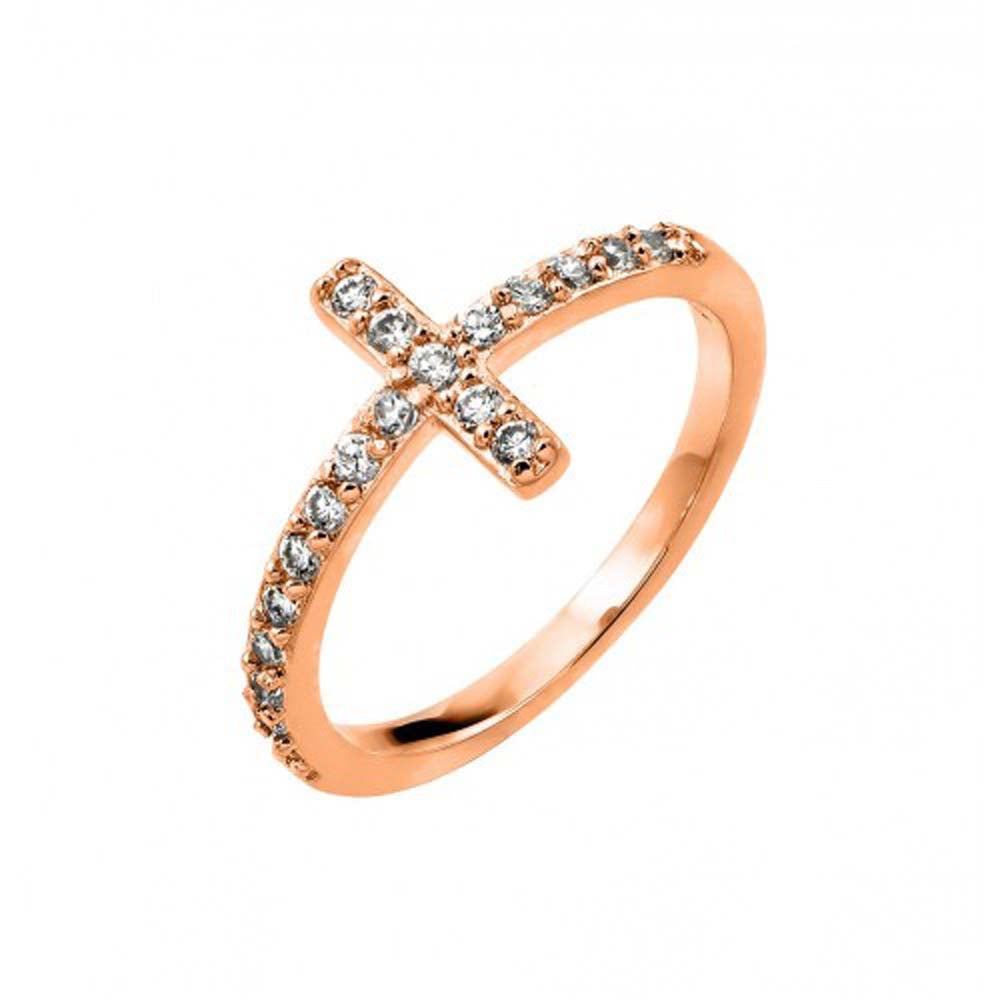 Sterling Silver Rose Gold Plated Sideways Cross Design Inlaid with Clear Czs RingAnd Ring Dimensions of 9.9MMx2MM