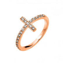 Load image into Gallery viewer, Sterling Silver Rose Gold Plated Sideways Cross Design Inlaid with Clear Czs RingAnd Ring Dimensions of 9.9MMx2MM