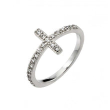 Load image into Gallery viewer, Sterling Silver Rhodium Plated Sideways Cross Design Inlaid with Clear Czs RingAnd Ring Dimensions of 9.9MMx2MM