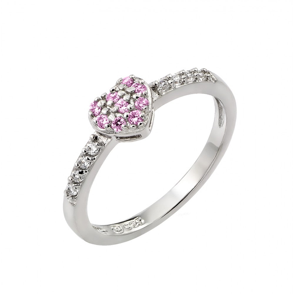 Sterling Silver Rhodium Plated Clear Inlay CZ October Birthstone Heart Ring